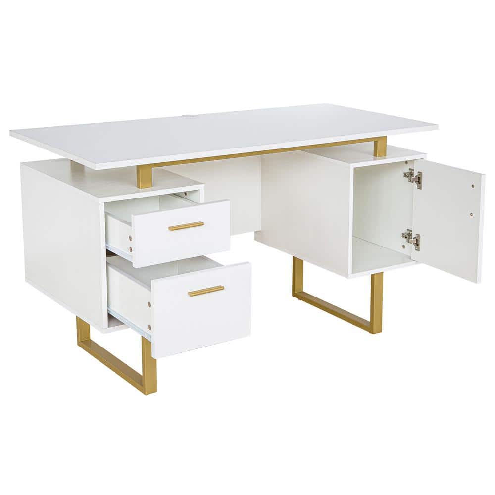 White and Gold Modern Writing Desk with Storage Drawers