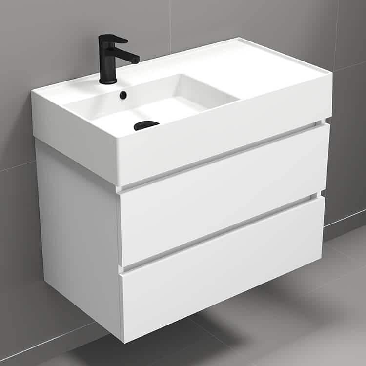Glossy White Wall-Mounted Single Basin Vanity with Ceramic Sink
