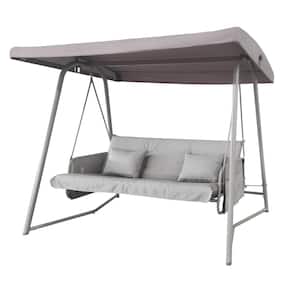Comfortable and Stable Outdoor 98.87 in. 3-Person Gray Metal Patio Swing with Cushion and Adjustable Canopy