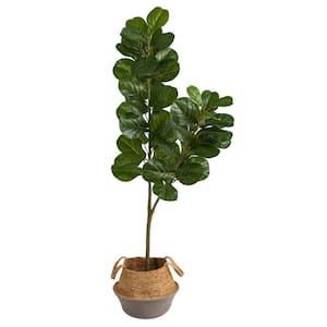 4.5 ft. Green Fiddle Leaf Fig Artificial Tree with Boho Chic Handmade Cotton and Jute White Woven Planter