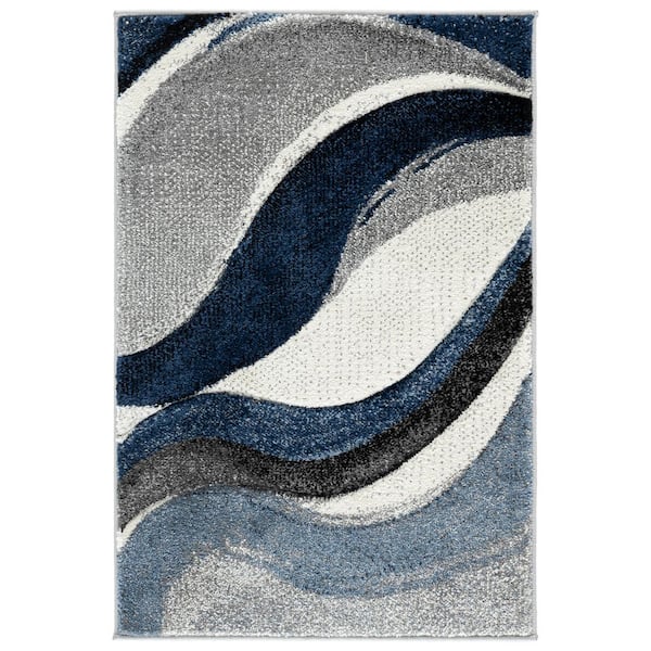 Hollywood 2 ft. x 4 ft. Gray/Blue Gradient Waves Area Rug