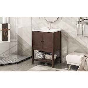 Contemporary 24 in. W x 18 in. D x 34 in. H Freestanding Bath Vanity in Brown with Elegant Ceramic Top and Open Shelf