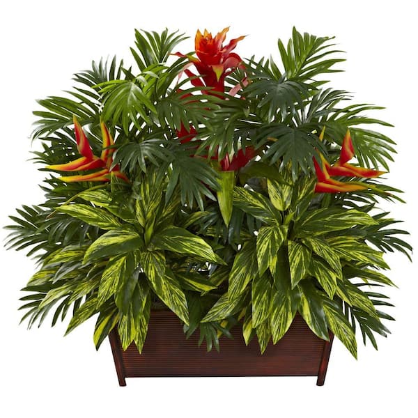 Nearly Natural Tropical Garden with Wood Planter