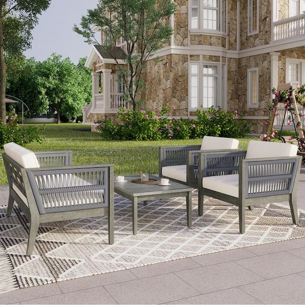 Outdoor 4-piece Grey Acacia Wood Patio Conversation set with Beige Cushions