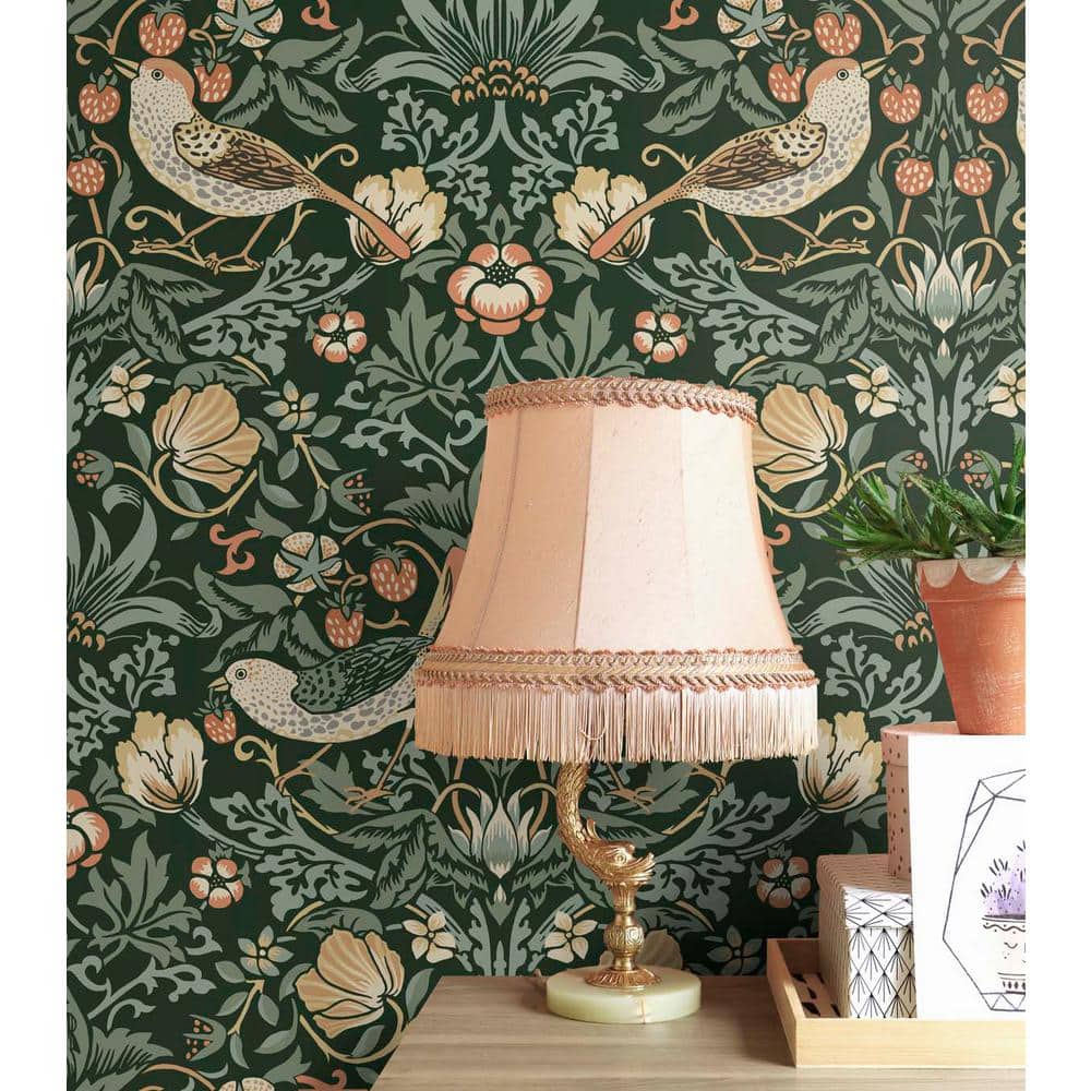 Forest Green Bird and Floral Peel and Stick Wallpaper