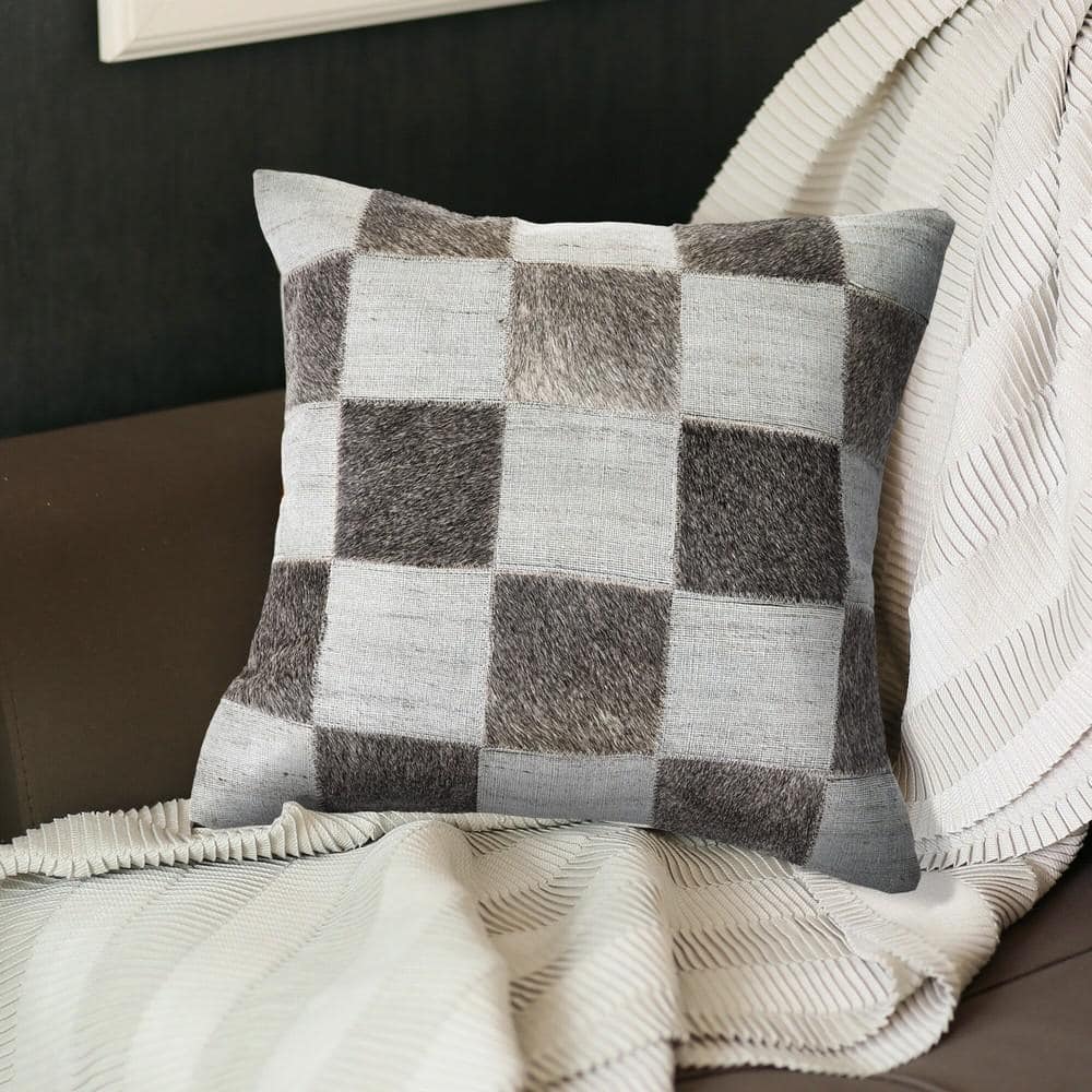 Silver and Brown Faux Leather Checkered Throw Pillow, 20x20