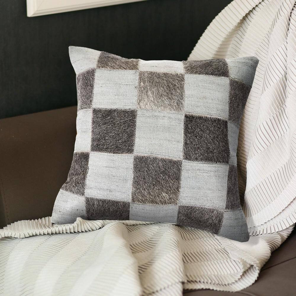Silver and Brown Faux Leather Checkered Throw Pillow, 20x20