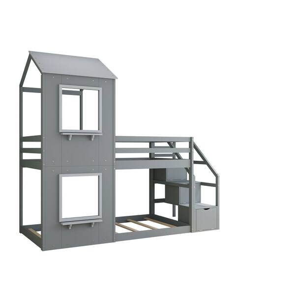 wetiny Gray Twin Bunk Bed Wood with Storage