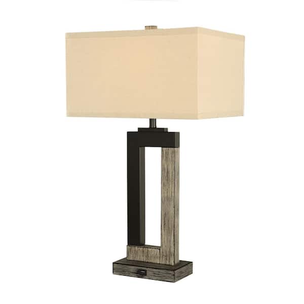 Pia Ricco 25.9 in. Rustic Farmhouse Wood Oatmeal Tapered Rectangular Table Lamp Set with USB Port and Shade (Set of 2)