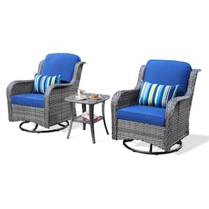 Joyoung Gray 3-Piece Wicker Outdoor Patio Conversation Set with Navy Blue Cushions and Swivel Rocking Chairs