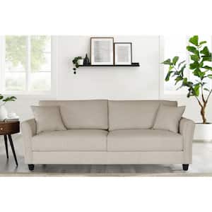 85 in. Wide Round Arm Polyester Mid-Century Modern Straight 4-Seater Sofa with Pillows in Light Yellow