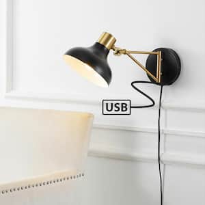 Lynn 15 in. Swing Arm 1-Light Black/Brass Gold Modern Midcentury Iron USB Charging Port LED Wall Sconce