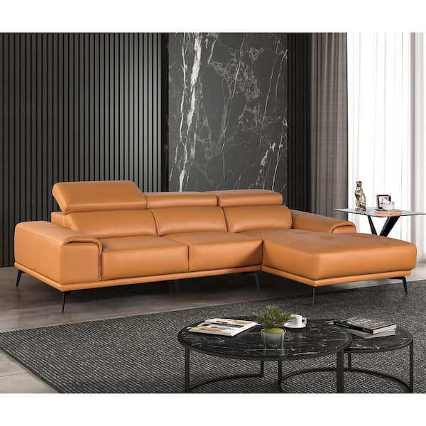 Furniture of America Auty 110.5 in. Padded Arms Leather L-Shaped Right-Chaise Sectional Sofa in Tangerine with Adjustable Headrest