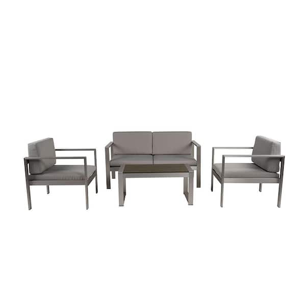 Sudzendf 4 Piece Metal Sofa Seating Group For Patio Garden Outdoor with Gray Cushions