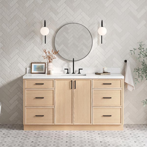ARIEL Kelly 66 in. W x 22 in. D x 36 in. H Single Bath Vanity in Oak with Carrara White Quartz Top