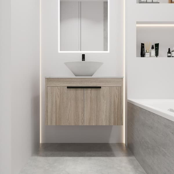 INSTER PETIT 29.5 in. W x 18.9 in. D x 24 in. H Single Sink Floating Bath Vanity in Oak with White Stone Top and Ceramic Sink