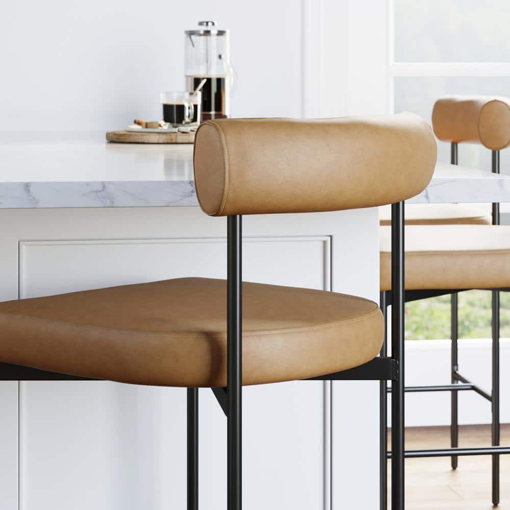 Dahlia Light Brown Leather Counter Height Barstool with Matte Black Metal Legs