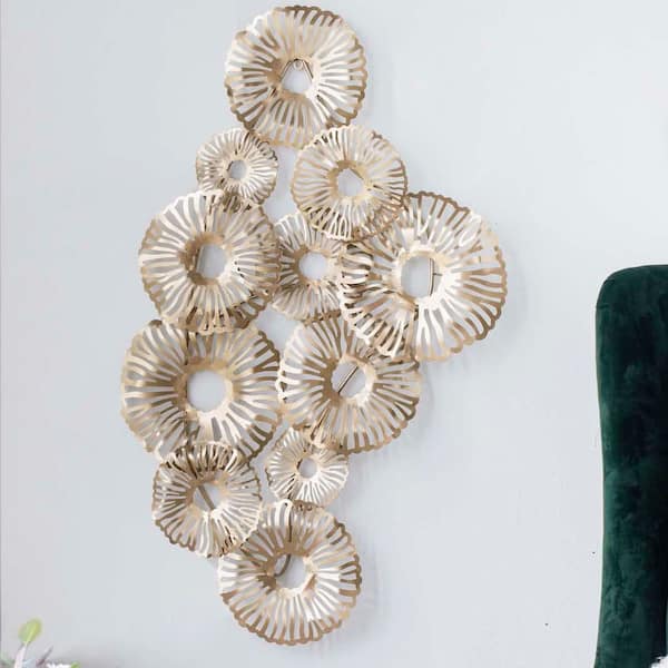 YESSKY DOWELL ENTER LLC 24 in. x 42 in. Gold Metal Work Wall Art Metal Abstract Home Wall Decor Interlocking Rings Wall Sculpture