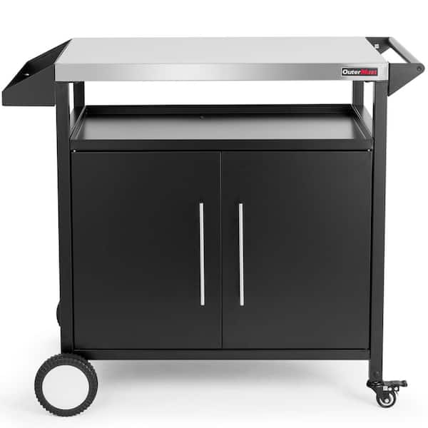 Moveable Outdoor Cabinet Outdoor Grill Cart for Storage, Grilling and Pizza Oven, Multifunctional Silver and Black