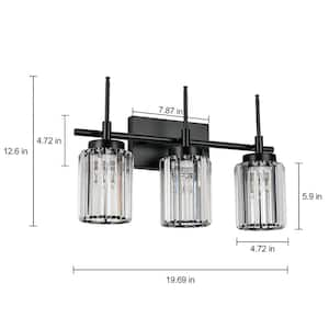 Orillia 19.69 in. 3-Light Modern Industrial Black Bathroom Vanity Light with Crystal Cylinder Shades