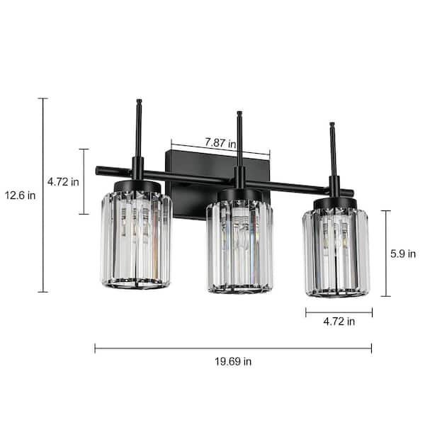 Orillia 19.69 in. 3-Light Modern Industrial Black Bathroom Vanity Light with Crystal Cylinder Shades