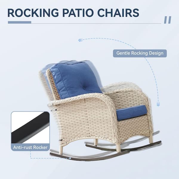 Light Beige Wicker Outdoor Rocking Chair with Olefin Blue Cushion (1-Pack)