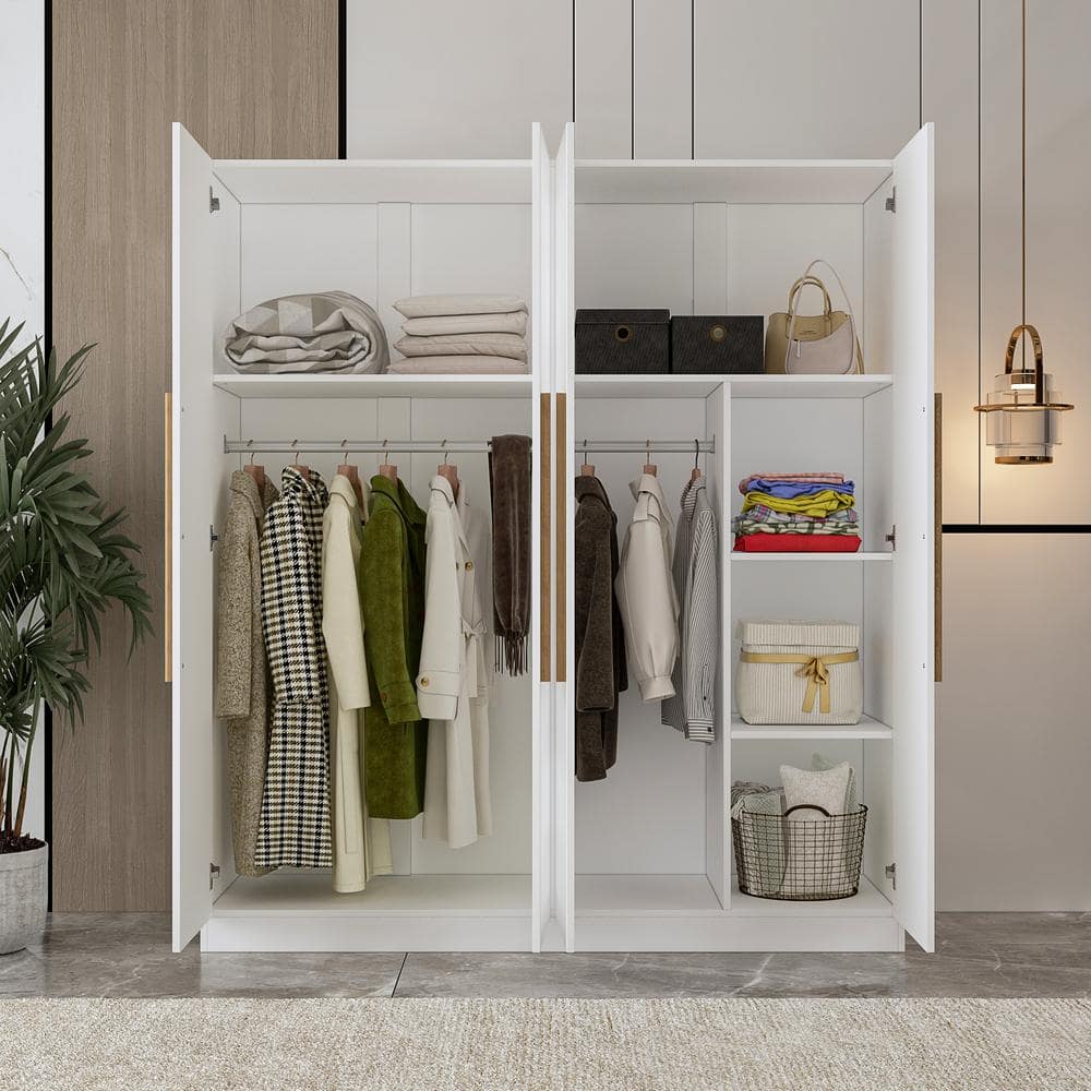 White 4-Door Wardrobe Armoire with Natural Wood Handles