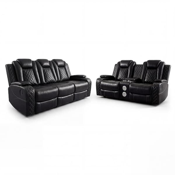 159.5 in. Wide Pillow Top Arm Faux Leather Modular, Speakers, Wireless Charging, LED Lighting, Reclining Sofa in Black