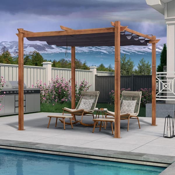 PURPLE LEAF 10 ft. x 10 ft. Natural Wood Grain Aluminum Pergola Gazebo with Navy Blue Retractable Sunshade Canopy and Extra Top Roof