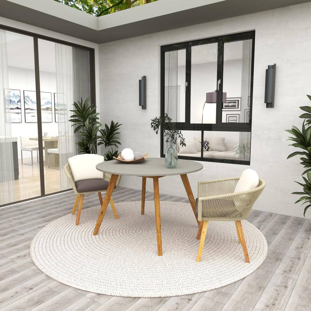 Gray Polycement Top Round Outdoor Dining Table with Acacia Wood Legs