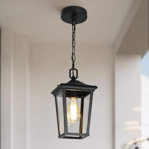 Modern Black Outdoor Pendant 1-Light Coastal Hanging Lantern with Clear Glass Shade for Covered Gazebo Front Door