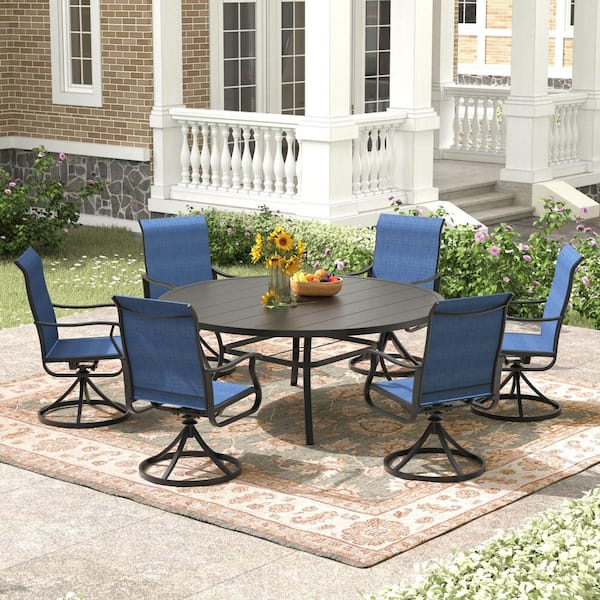 世界有名な 7-Piece Black Tenleaf Metal Dining Outdoor Round in. 47.2 テーブル・チェア・ハンモック