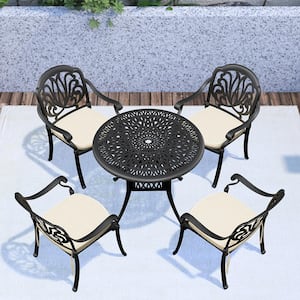 5-Piece Cast Aluminum Patio Furniture Set Outdoor Dining Set with Random Color Cushions and Umbrella Hole
