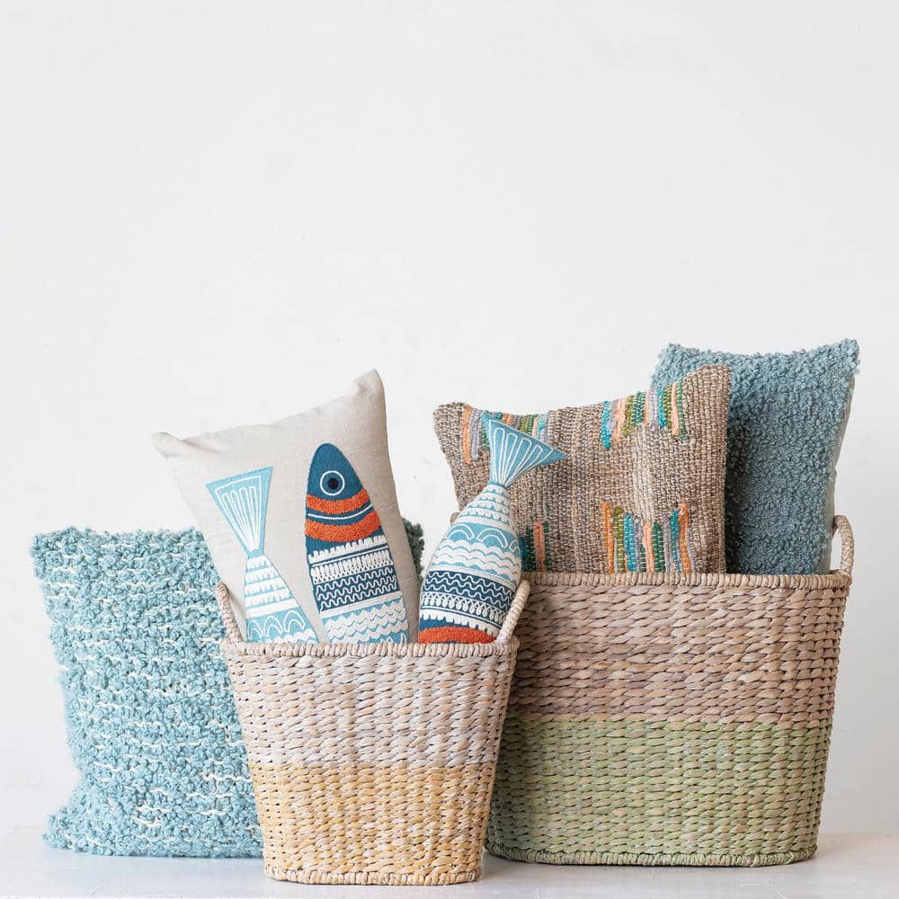 Blue and Cream Woven Cotton Blend Bouclé Pillow, 20" Square