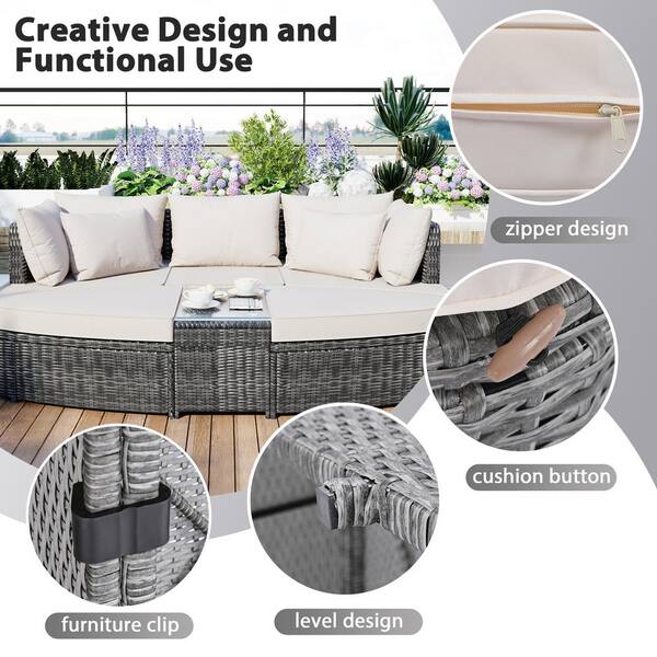 5 Piece Modern Gray Metal Outdoor Sectional Set with Woven Rope and Beige Cushions