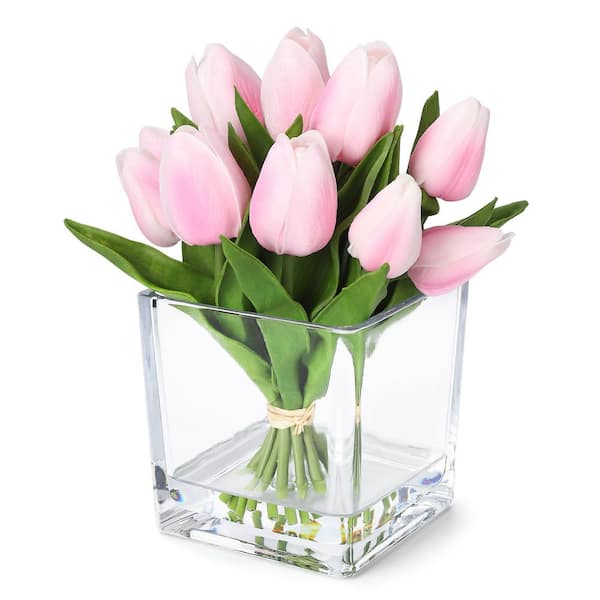 7.4 in. Real Touch Pink Artificial Tulip Arrangement in Clear Glass Vase, Indoor Decor