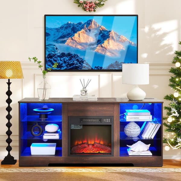 58 in. Freestanding Fireplace TV Stand with 18 in. Electric Fireplace insert, Adjustable Heat, Remote, Timer in Espresso