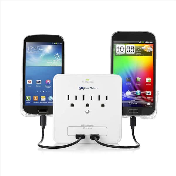Lukyamzn Foldable White 3 Outlet Wall Mount Safe Surge Protector with USB Port and 3 in. W Slide-Out Smartphone Holders