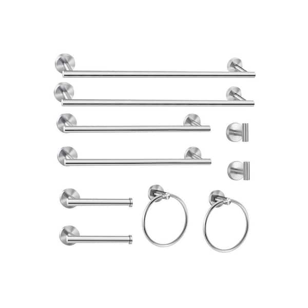 10-Piece Bathroom Hardware Accessory Set with 24 in. Towel Bar Towel Ring Paper Holder Robe Hooks in Brushed Nickel