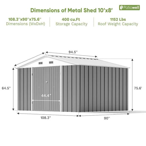 10 ft. W x 8 ft. D Outdoor Metal Storage Shed, Gray (80 sq. ft.)