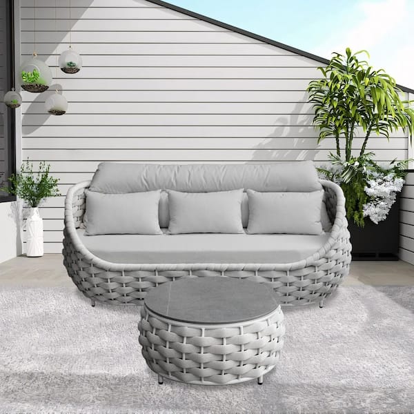 Bird's Nest Shaped Gray Aluminum Frame Outdoor Couch 3-Seat Sofa Daybed with Gray Cushion and Coffee Table