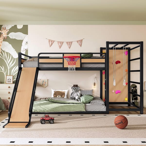 Natural Full Metal Loft Bunk Bed, Kids Bed with Pull-Up Rings, Basketball Hoop, Climbing Wall, Slide and Bookshelves
