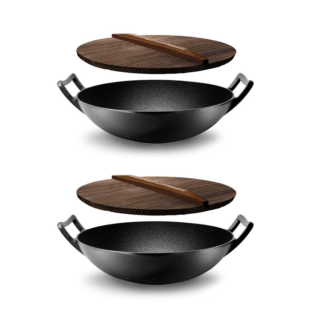 Nutrichef Pre Seasoned Cooking Wok Cast Iron Stir Fry Pan w/ Wooden Lid (2 Pack)