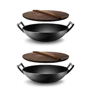 Pre Seasoned Cooking Wok Cast Iron Stir Fry Pan w/Wooden Lid (2 Pack)