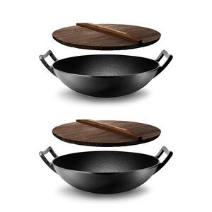 Pre Seasoned Cooking Wok Cast Iron Stir Fry Pan w/Wooden Lid (2 Pack)