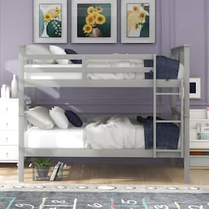 Gray Full Over Full Wood Bunk Bed Frame with Guard Rails and Ladder for Kids Teens, Can be Convertible to 2-Beds
