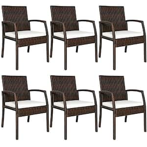 Brown Wicker Outdoor Dining Chairs Sofa Armrest Garden Deck with White Cushions (Set of 6)