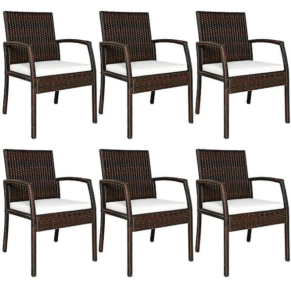 Costway Brown Wicker Outdoor Dining Chairs Sofa Armrest Garden Deck with White Cushions (Set of 6)