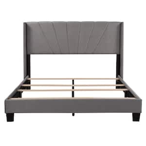 Gray Queen Size Velvet Upholstered Platform Bed, Box Spring Needed
