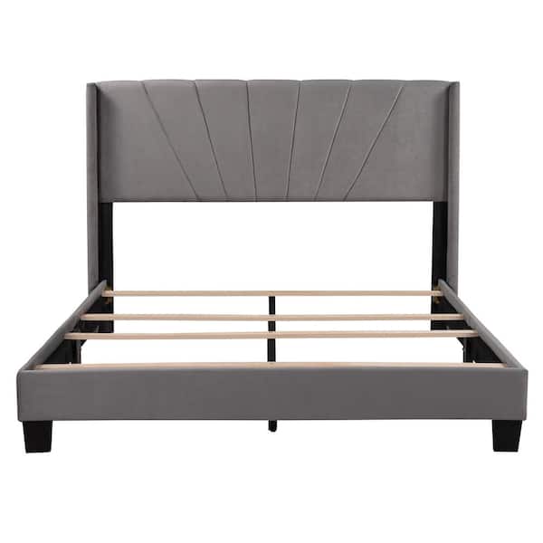 wetiny Gray Queen Size Velvet Upholstered Platform Bed, Box Spring Needed